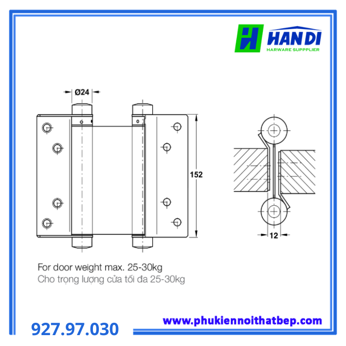 Bản lề bật 2 chiều 6" Inox Mờ HAFELE 927.97.030