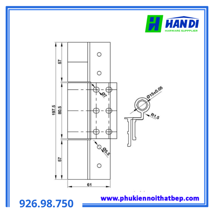Bản lề cánh khung XF55 anod xám HAFELE 926.98.750
