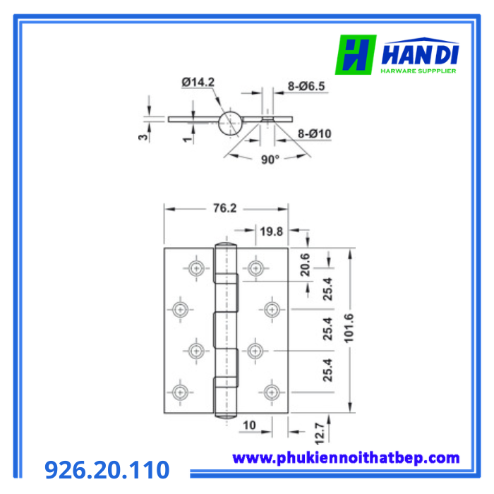 Bản lề lá inox ss304, 2bb,102x76x3mm HAFELE 926.20.110