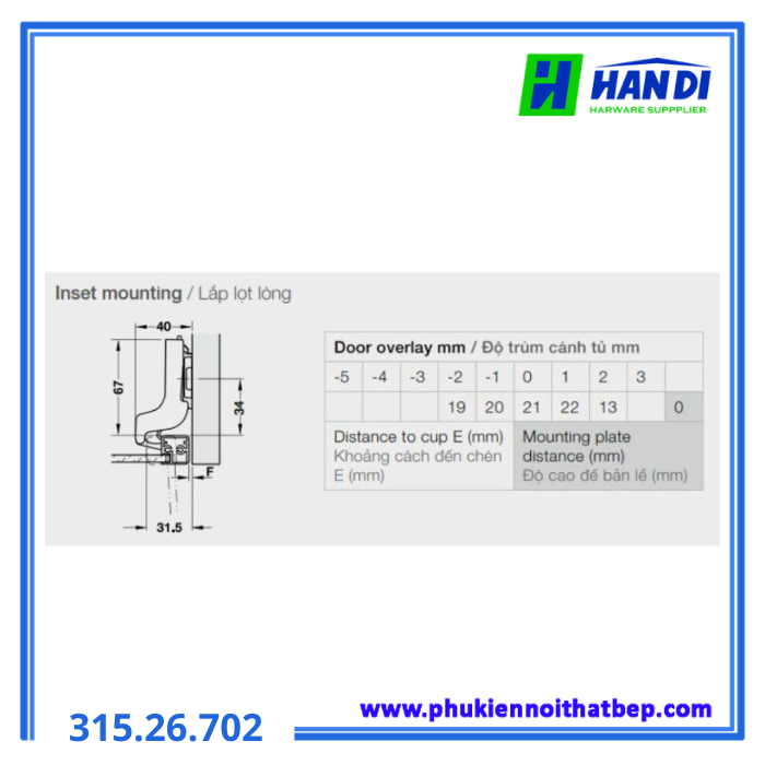Bản lề khung nhôm đố nhỏ lọt lòng HAFELE 315.26.702