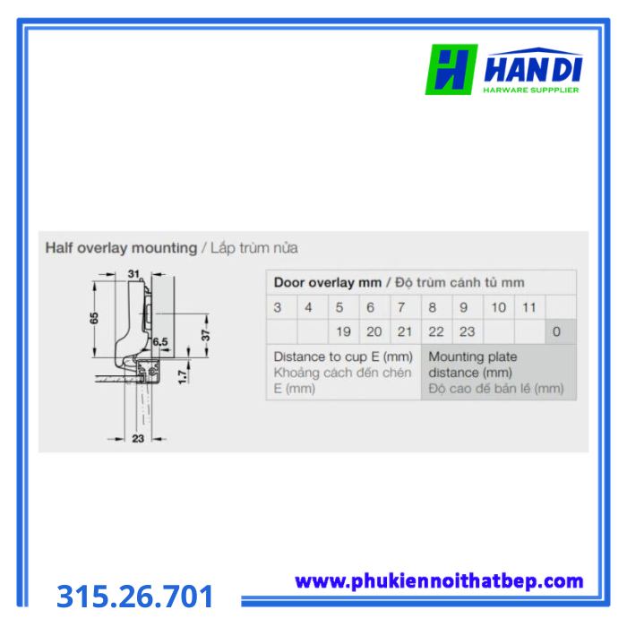 Bản lề khung nhôm đố nhỏ trùm nửa HAFELE 315.26.701