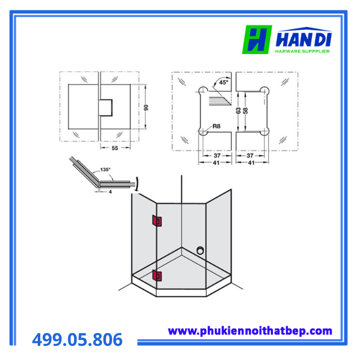 Bản lề kính HAFELE 499.05.806 kính 135 độ