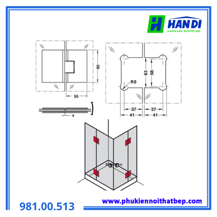 Bản lề kính - kính 180D đen mờ HAFELE 981.00.513