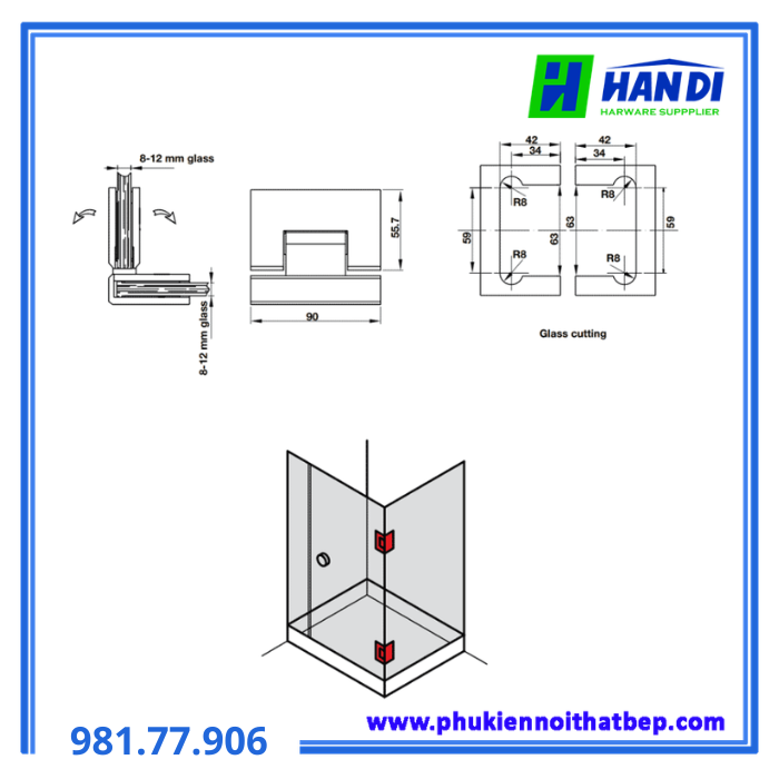 Bản lề kính kính 90 CP HAFELE 981.77.906