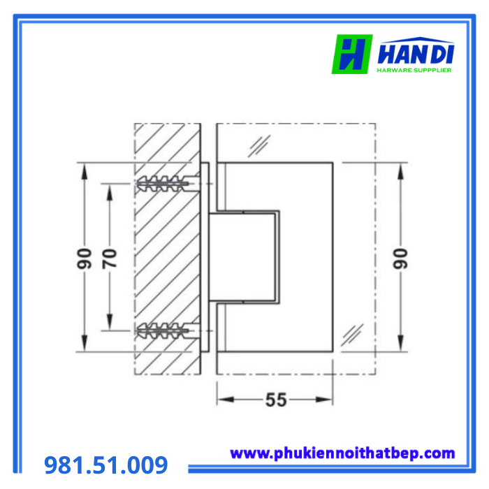 Bản lề kính - tường 90° Nickel mờ HAFELE 981.51.009