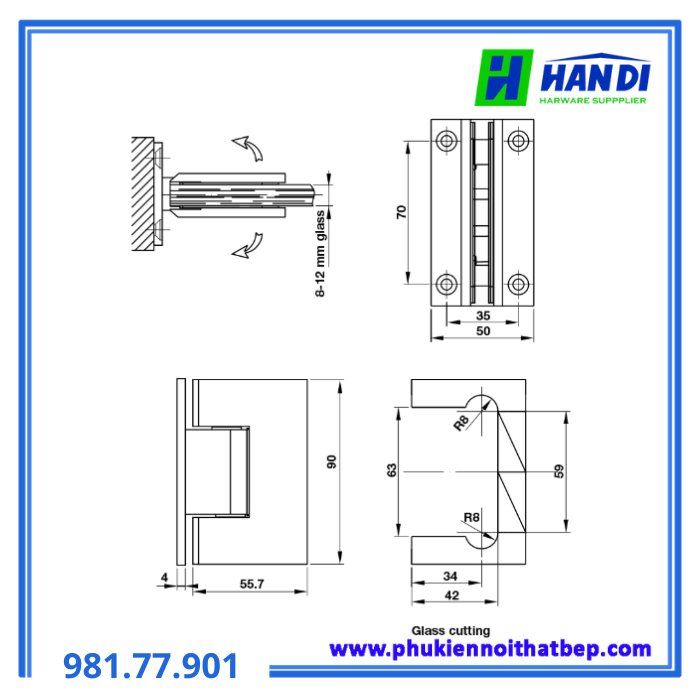 Bản lề kính tường 90 đen HAFELE 981.77.901