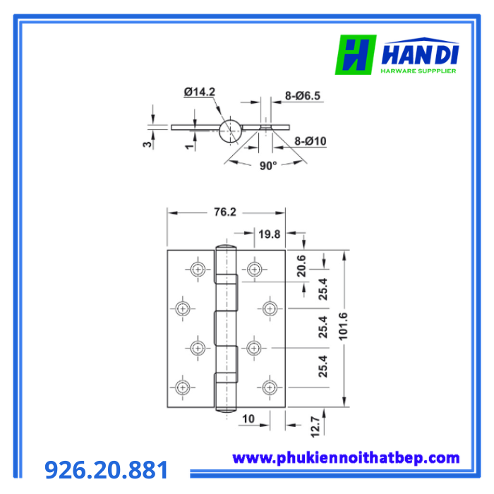 Bản lề lá 2BB 102x76x3mm Đồng Bóng HAFELE 926.20.881