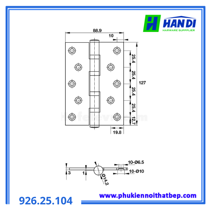 Bản lề lá 2BB 127x89x3mm, SS304 HAFELE 926.25.104