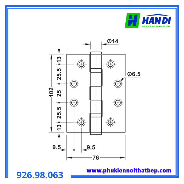Bản lề lá 4"x3"x3mm, Inox 316 đen HAFELE 926.98.063