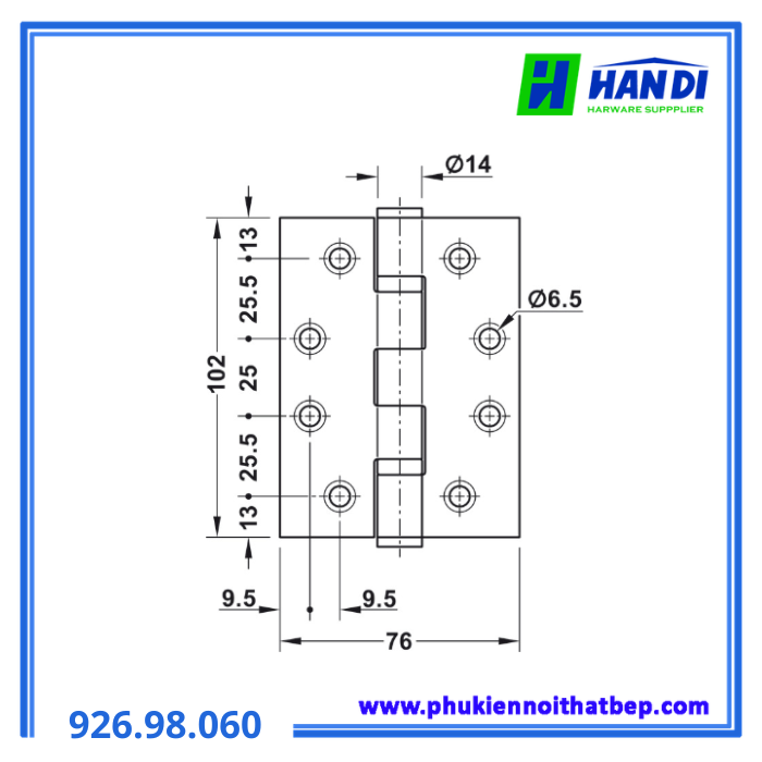 Bản lề lá 4"x3"x3mm, inox 316 HAFELE 926.98.060