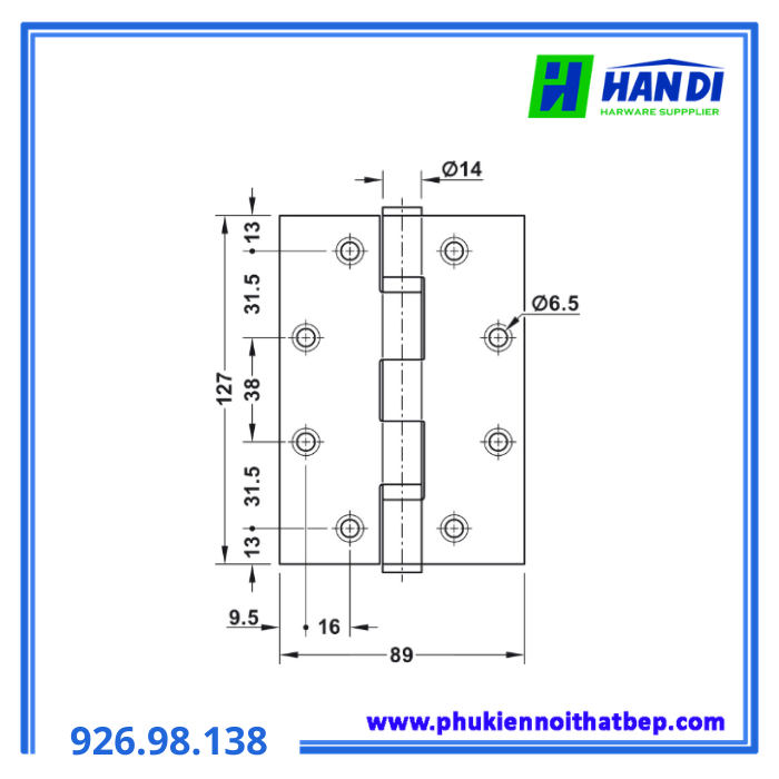 Bản lề lá 5"x3.5"x3mm, Inox 304 Đồng HAFELE 926.98.138