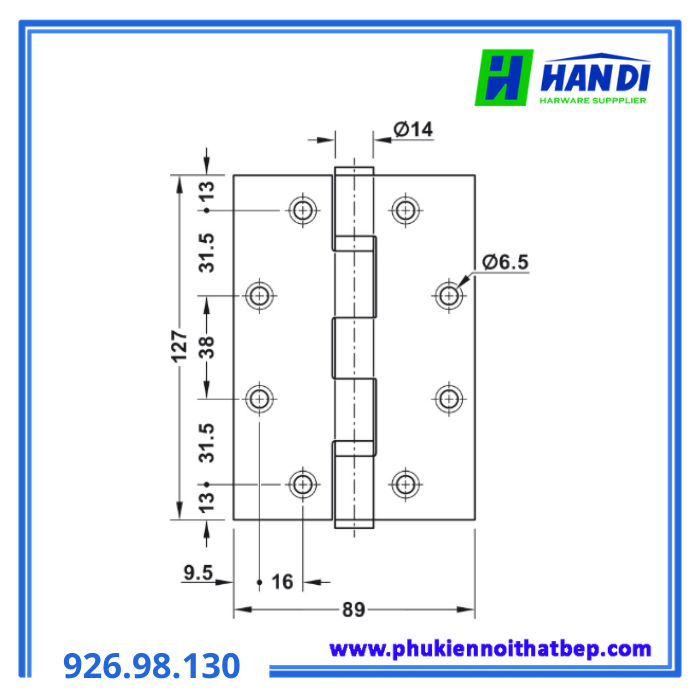 Bản lề lá 5"x3.5"x3mm, Inox 304 HAFELE 926.98.130