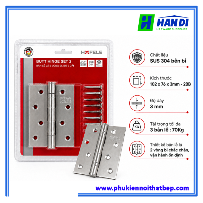 Bản lề lá DIY HAFELE 489.05.021 102x76x3mm-2BB SSS