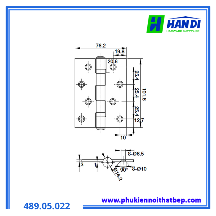 Bản lề lá DIY HAFELE 489.05.022 102x76x3mm-2BB PVD