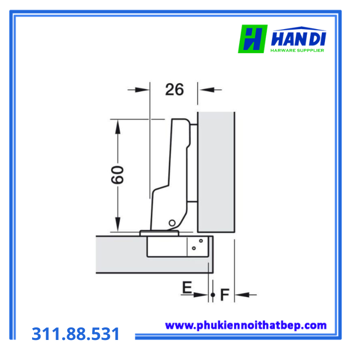 Bản lề trượt không giảm chấn trùm nửa HAFELE 311.88.531 là giải pháp đáng tin cậy cho các hệ tủ gỗ yêu cầu độ bền cao, vận hành ổn định và chi phí đầu tư hợp lý. Thiết kế trùm nửa, góc mở 110°, cơ cấu trượt A cùng khả năng điều chỉnh linh hoạt giúp sản phẩm đáp ứng tốt nhiều nhu cầu thi công và sử dụng trong thực tế.  Nếu bạn đang tìm kiếm một mẫu bản lề Hafele chính hãng có chất lượng ổn định, dễ lắp đặt và phù hợp với nhiều kiểu tủ nội thất, đây là lựa chọn rất đáng cân nhắc.  Liên hệ CÔNG TY TNHH CUNG ỨNG NỘI THẤT HÂN DI để được tư vấn chi tiết về Bản lề trượt không giảm chấn trùm nửa HAFELE 311.88.531 cũng như các dòng phụ kiện thuộc danh mục Phụ Kiện Cửa - Bản Lề - Ray và Bản lề, giúp bạn lựa chọn giải pháp phù hợp nhất cho từng công trình.