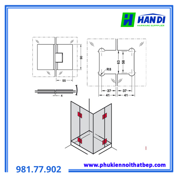Bản lề kính - kinh 180 độ đồng crom bóng HAFELE 981.77.902