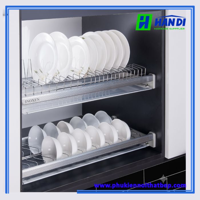 Giá bát đĩa cố định 2 tầng khung nhôm nan tròn BCD304