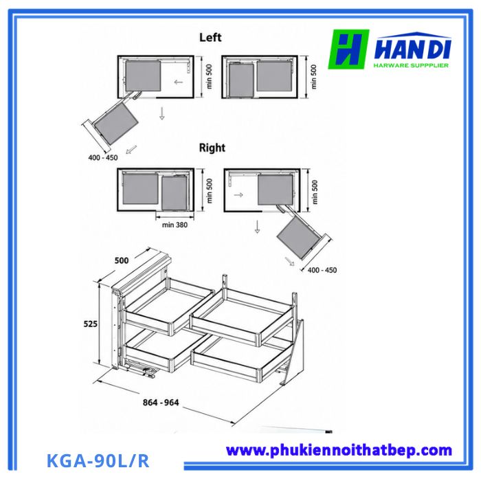 Kệ góc liên hoàn khung nhôm - vách kính KGA-90L/R