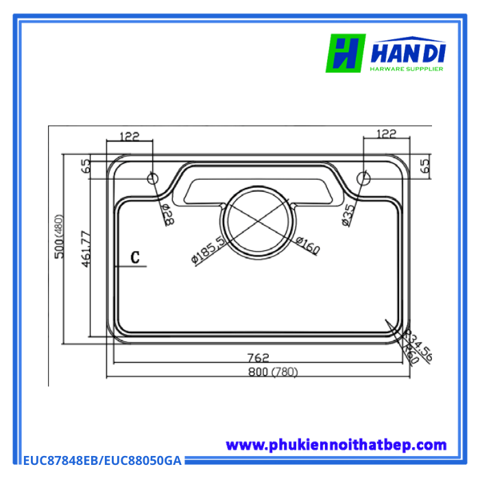 Chậu rửa bát dập liền khối Eurogold EUC87848EB