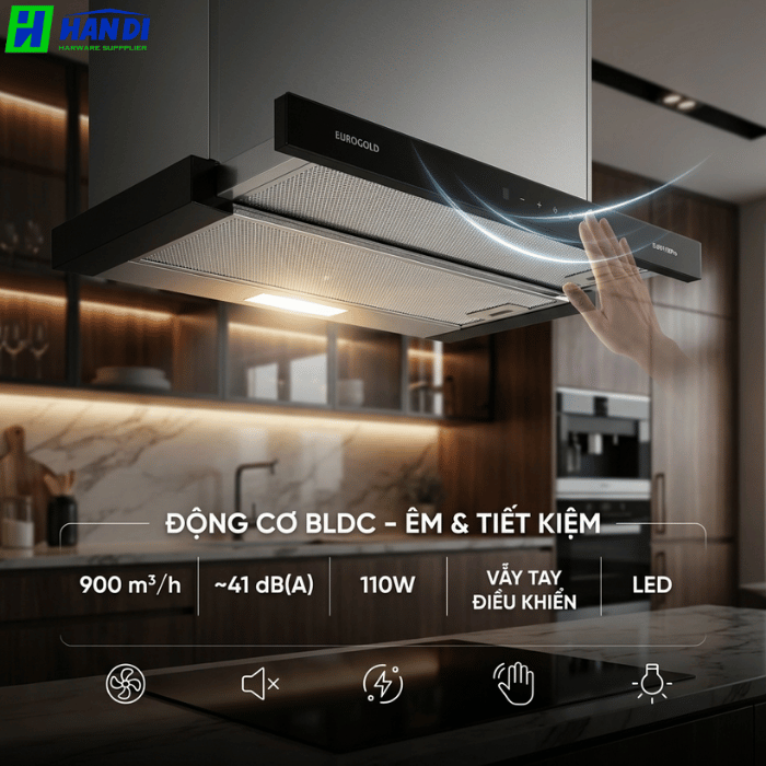 Máy hút mùi kéo rút mặt kính đen EUH01160Pro-Eurogold