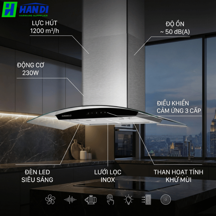 Máy hút mùi kính cong mặt kính đen EHM2170-Eurogold