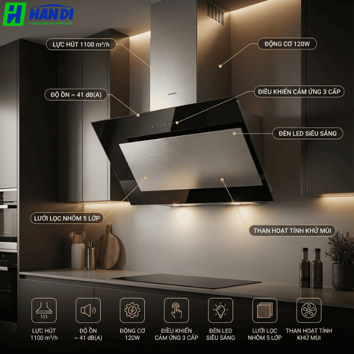 Máy hút mùi kính vát mặt kính đen EHM8390