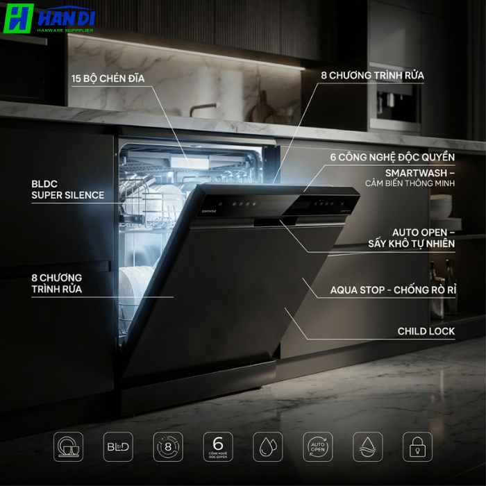 Máy rửa bát độc lập hoặc bán âm tủ EUW88TL15BPro-Eurogold