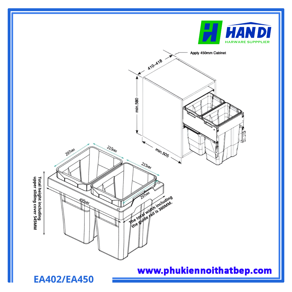 Thùng rác đôi âm tủ giảm chấn cao cấp Eurogold