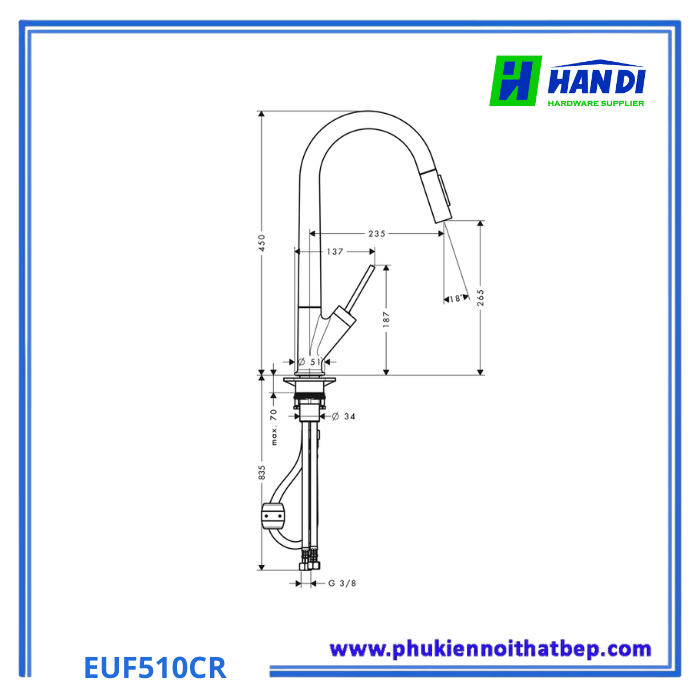 Vòi rửa bát dây rút Eurogold EUF510CR