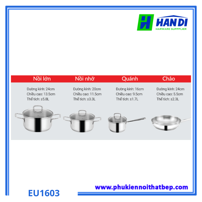 Bộ nồi inox SUS 304 7 món EUROSUN EU1603-Titanium