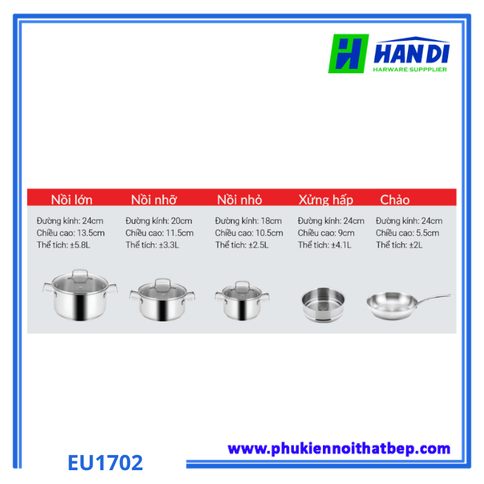 Bộ nồi inox SUS 304 8 món EUROSUN EU1702 Harmony