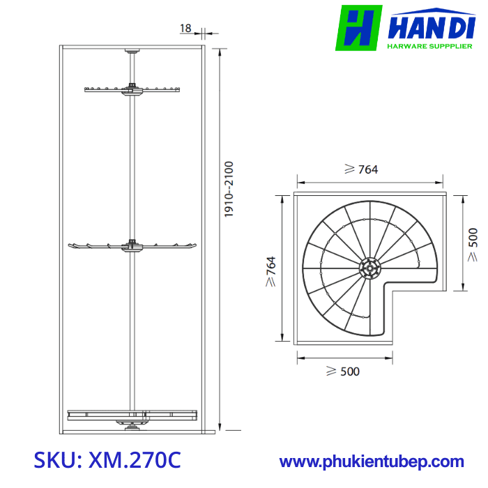Kệ Xoay Góc Tủ 3 Tầng 270 Độ GRANDX XM.270C