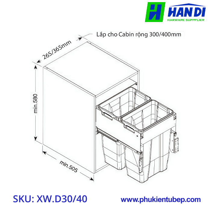 Thùng rác đôi âm tủ cánh kéo GRANDX XW.D30, XW.D40