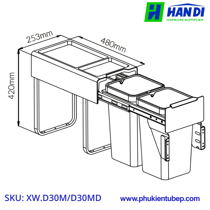 Thùng rác đôi gắn cánh kéo GRANDX XW.D30M, XW.D30MD