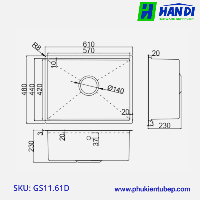 Chậu Rửa 1 Hố Âm Bàn Đá GARIS GS11.61D