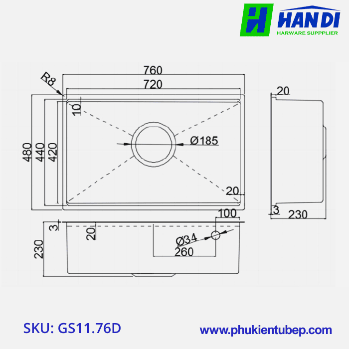 Chậu rửa 1 hố âm bàn đá GARIS GS11.76D