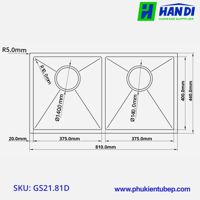 Chậu rửa 2 hố cân âm bàn đá GARIS GS21.81D