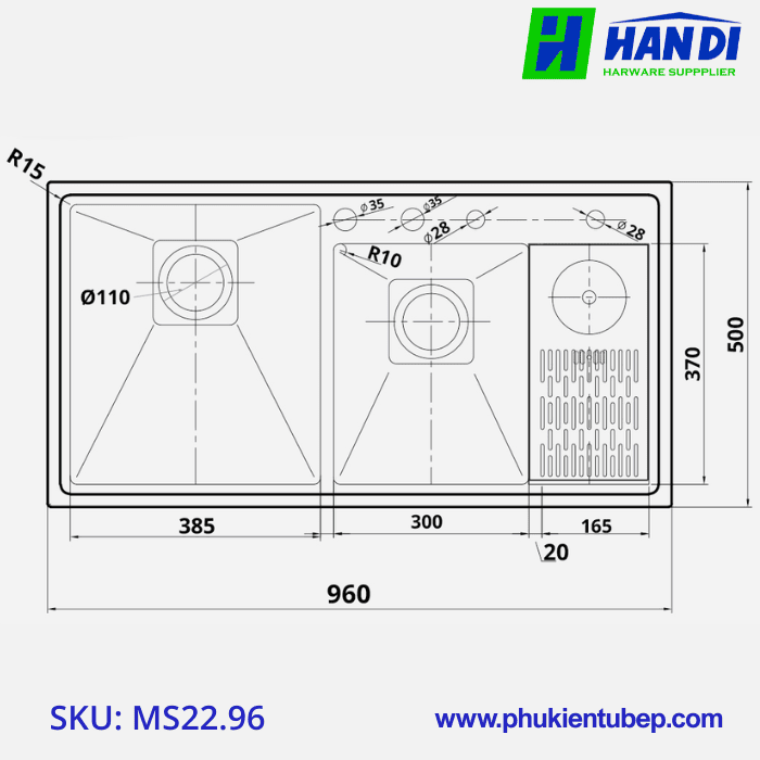 Chậu rửa có máy rửa cốc chén GARIS MS22.96