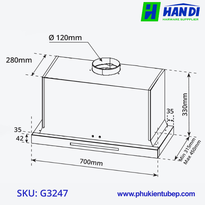 Hút mùi âm tủ, điều khiển cảm ứng GARIS G3247