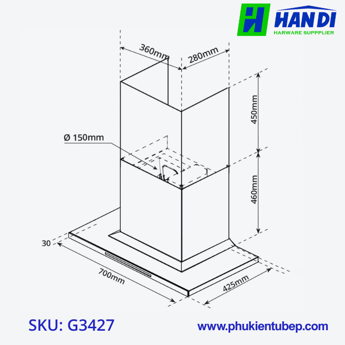 Hút mùi chữ T, điều khiển cảm ứng GARIS G3427