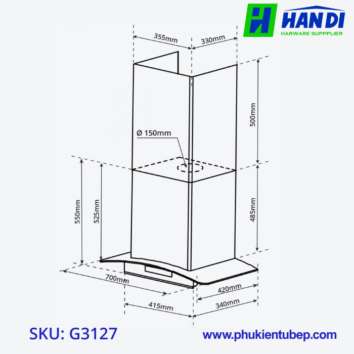 Hút mùi kính cong, điều khiển cảm ứng GARIS G3127