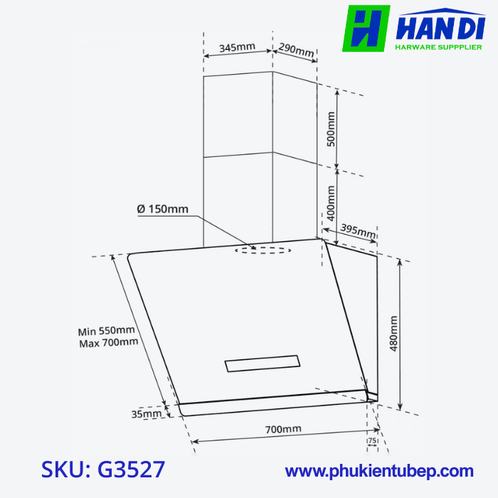 Hút Mùi Kính Vát, Điều Khiển Cảm Ứng GARIS G3527