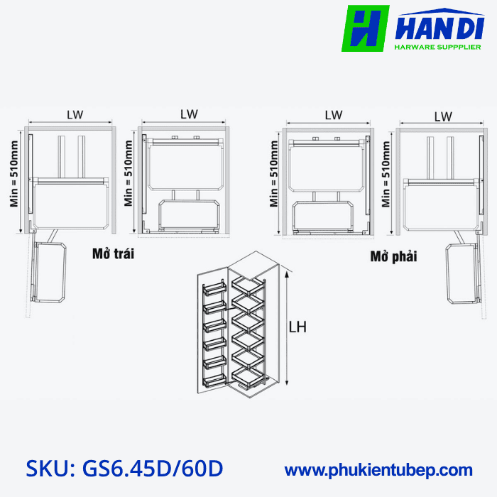 Tủ Đồ Khô 6 Tầng, Rổ Nhôm Vách Kính GARIS GS6.45D, GS6.60D