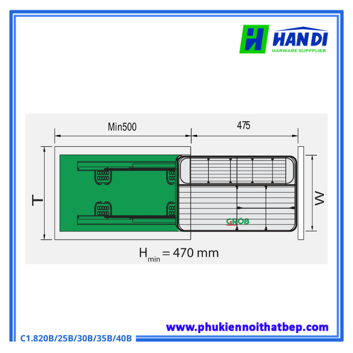 Kệ đựng gia vị nan vuông inox SUS304 Grob C1.820B, 25B, 30B, 35B, 40B