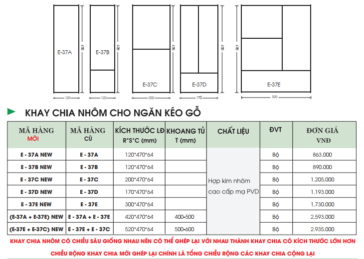 Khay chia nhôm chiều sâu tủ 470 E