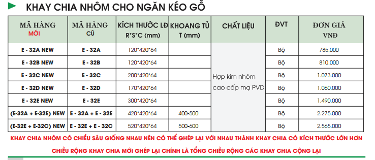 Khay chia nhôm chiều sâu tủ 420 E