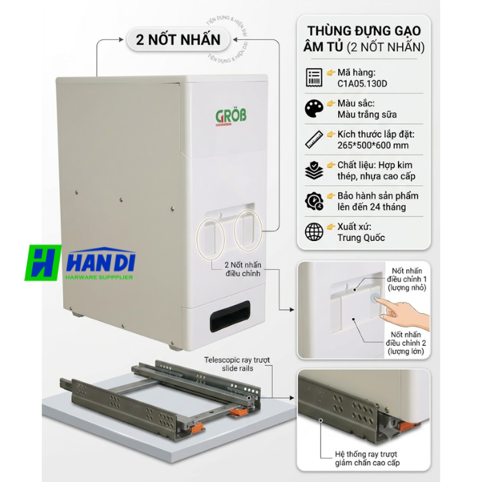 Thùng đựng gạo 2 nốt nhấn C1A05.130D