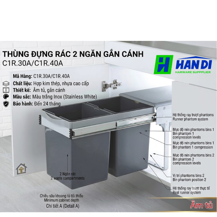 Thùng đựng rác 2 ngăn gắn cánh C1R.30A/C1R.40A