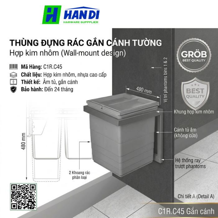 Thùng đựng rác gắn cánh hợp kim nhôm C1R.C45