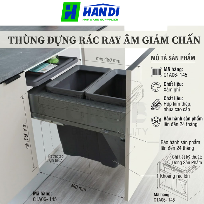 Thùng đựng rác ray âm giảm chấn 2 khoang C1A06-145